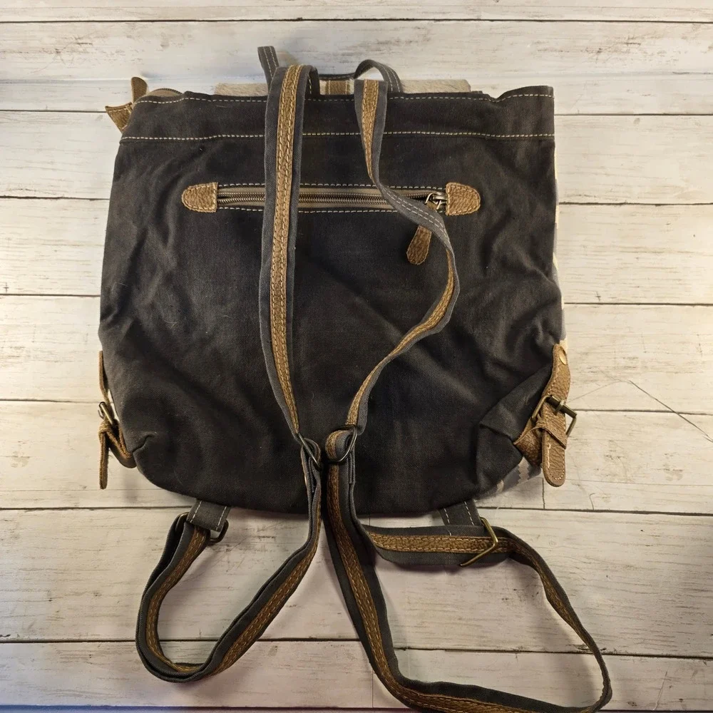 Myra Bag Canvas and Hair-on-Hide Leather Backpack Geometric Diamond Gray Brown